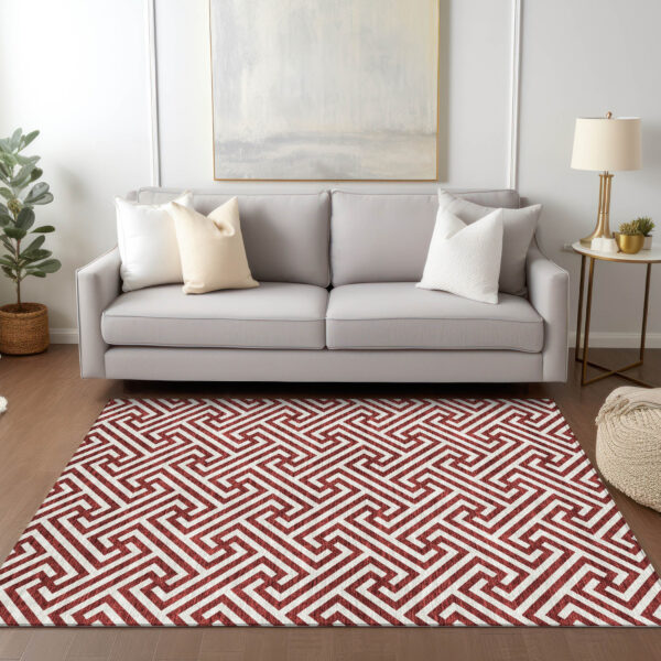 5' X 8' Merlot And Ivory Geometric Washable Indoor Outdoor Area Rug
