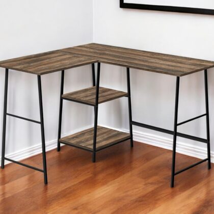 42" Brown and Black Reclaimed Wood and Metal Corner Trestle Computer Desk