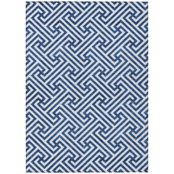 10' X 14' Blue And Ivory Geometric Washable Indoor Outdoor Area Rug