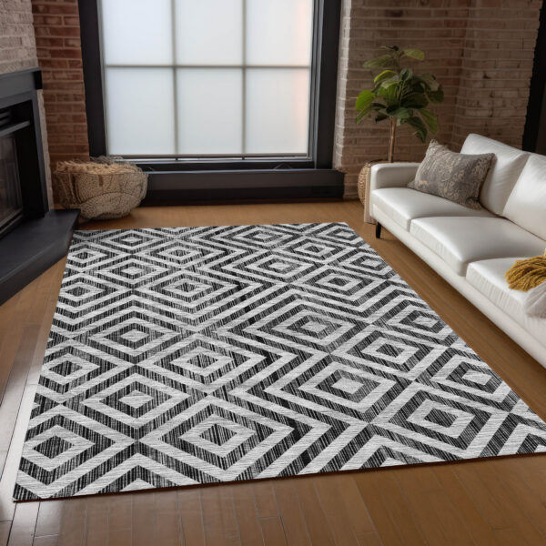 3' X 5' Black Gray And Silver Geometric Washable Indoor Outdoor Area Rug