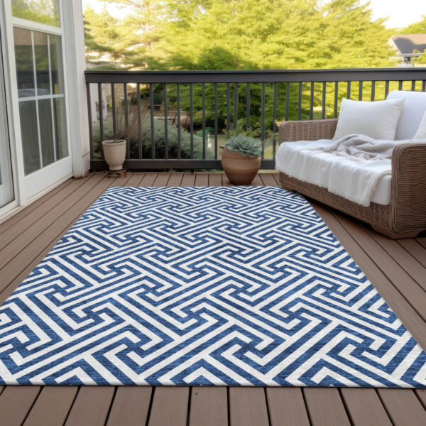 10' X 14' Blue And Ivory Geometric Washable Indoor Outdoor Area Rug