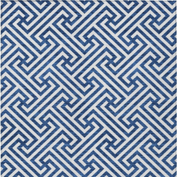 10' X 14' Blue And Ivory Geometric Washable Indoor Outdoor Area Rug