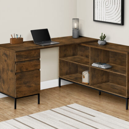 60" Brown and Black L Shape Computer Desk With Three Drawers