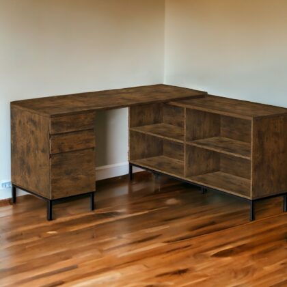 60" Brown and Black L Shape Computer Desk With Three Drawers