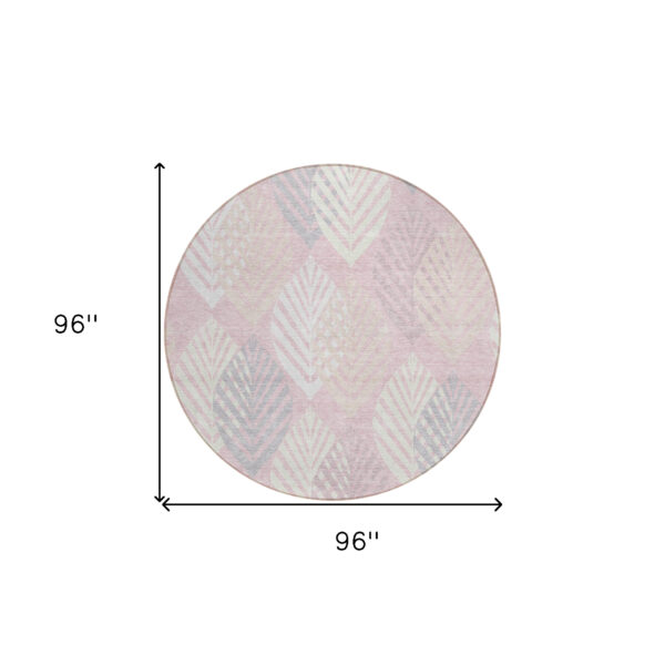 8' Pink Ivory And Beige Round Floral Washable Indoor Outdoor Area Rug