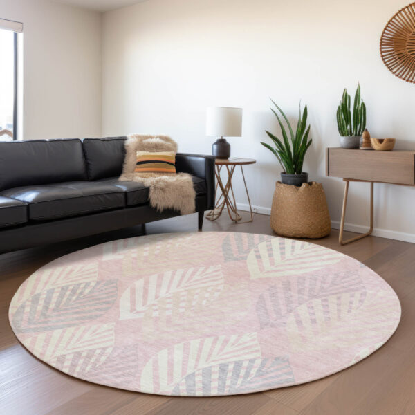8' Pink Ivory And Beige Round Floral Washable Indoor Outdoor Area Rug