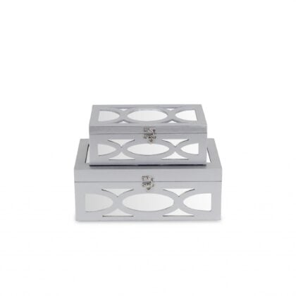 Set of Two Silver Oval Scroll Mirror Jewelry Storage Boxes