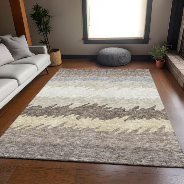 9' X 12' Taupe Brown And Gray Striped Washable Indoor Outdoor Area Rug