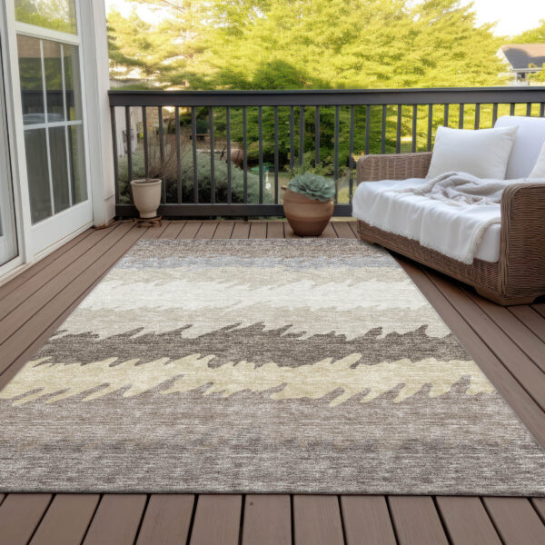 9' X 12' Taupe Brown And Gray Striped Washable Indoor Outdoor Area Rug