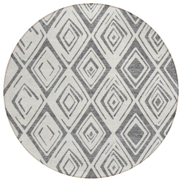 8' Gray And Ivory Round Geometric Washable Indoor Outdoor Area Rug