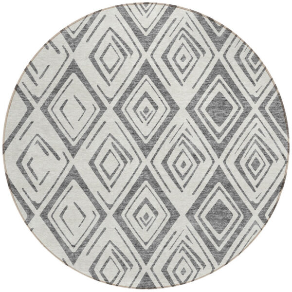 8' Gray And Ivory Round Geometric Washable Indoor Outdoor Area Rug