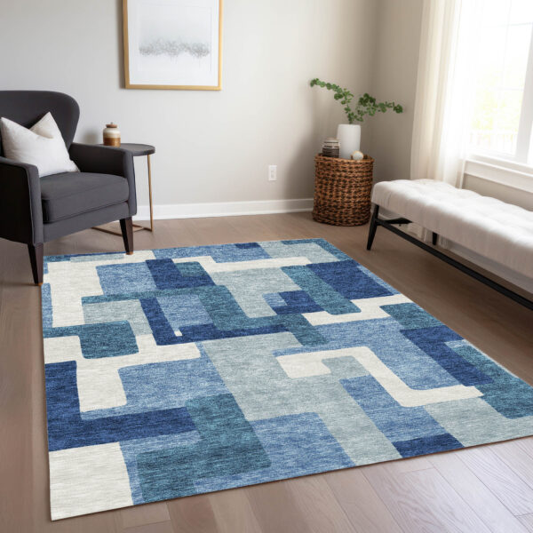 5' X 8' Navy Blue And Sky Blue Abstract Washable Indoor Outdoor Area Rug