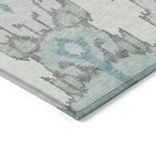 8' Mint Green Teal Blue And Ivory Round Ikat Washable Indoor Outdoor Area Rug