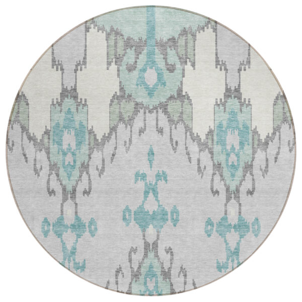 8' Mint Green Teal Blue And Ivory Round Ikat Washable Indoor Outdoor Area Rug