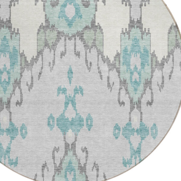 8' Mint Green Teal Blue And Ivory Round Ikat Washable Indoor Outdoor Area Rug