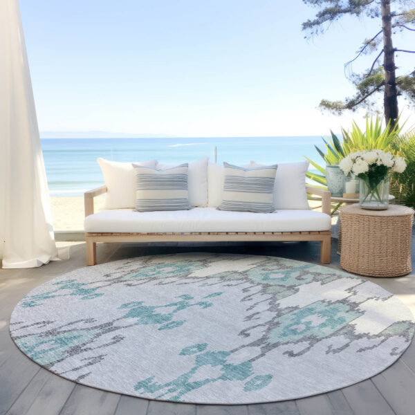 8' Mint Green Teal Blue And Ivory Round Ikat Washable Indoor Outdoor Area Rug