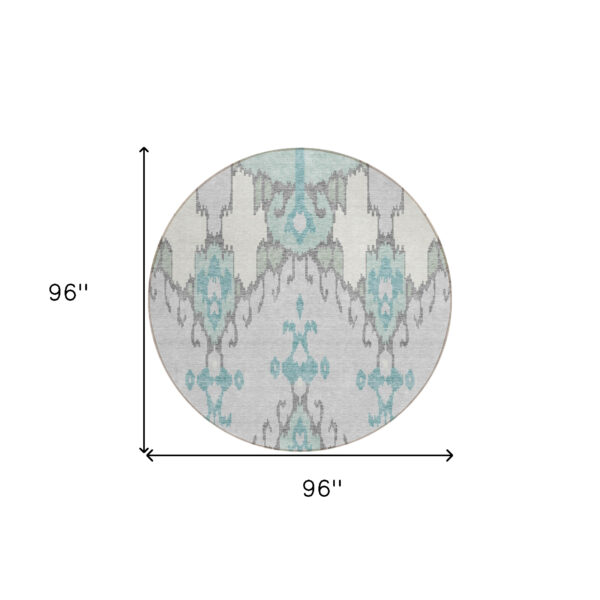 8' Mint Green Teal Blue And Ivory Round Ikat Washable Indoor Outdoor Area Rug