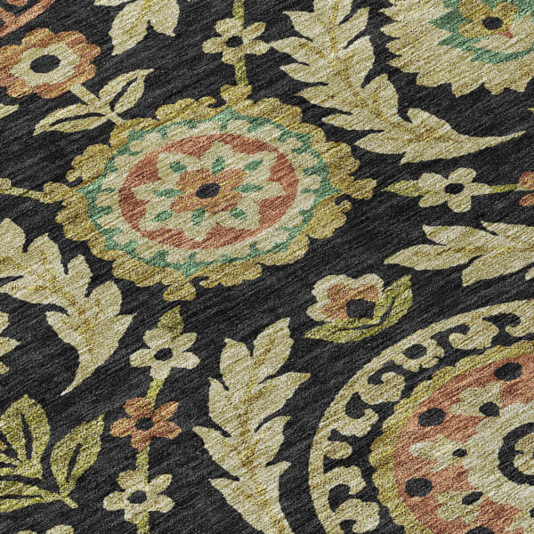 5' X 8' Black Gold And Copper Floral Washable Indoor Outdoor Area Rug