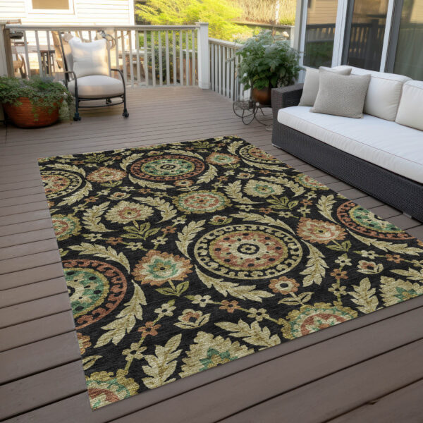 5' X 8' Black Gold And Copper Floral Washable Indoor Outdoor Area Rug