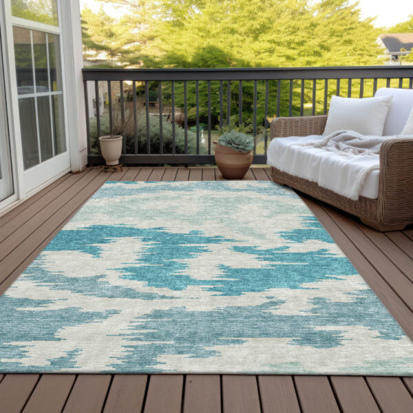 9' X 12' Teal Blue Aqua And Ivory Abstract Washable Indoor Outdoor Area Rug