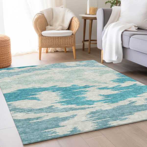 9' X 12' Teal Blue Aqua And Ivory Abstract Washable Indoor Outdoor Area Rug