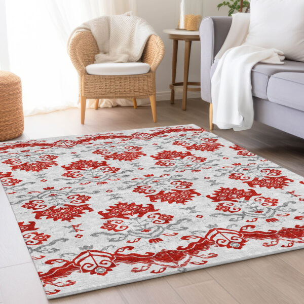 3' X 5' Red Gray And Silver Oriental Washable Indoor Outdoor Area Rug