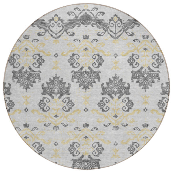 8' Charcoal Silver And Gold Round Oriental Washable Indoor Outdoor Area Rug