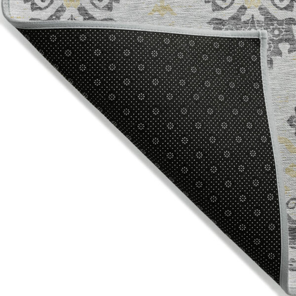 8' Charcoal Silver And Gold Round Oriental Washable Indoor Outdoor Area Rug