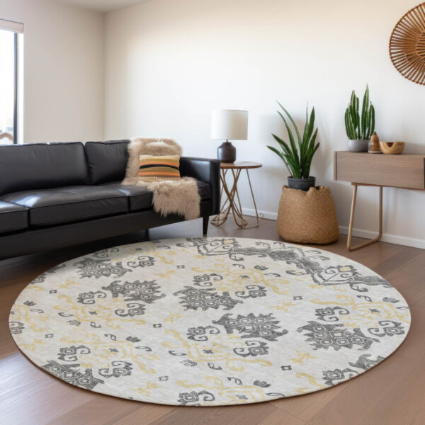 8' Charcoal Silver And Gold Round Oriental Washable Indoor Outdoor Area Rug