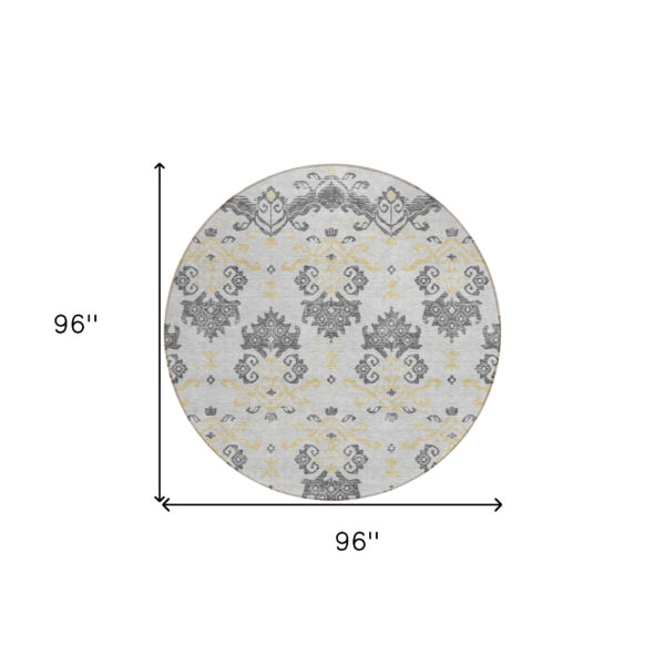 8' Charcoal Silver And Gold Round Oriental Washable Indoor Outdoor Area Rug