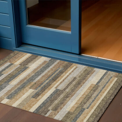 3' X 5' Taupe Beige And Charcoal Striped Washable Indoor Outdoor Area Rug