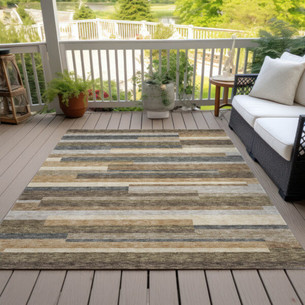 3' X 5' Taupe Beige And Charcoal Striped Washable Indoor Outdoor Area Rug