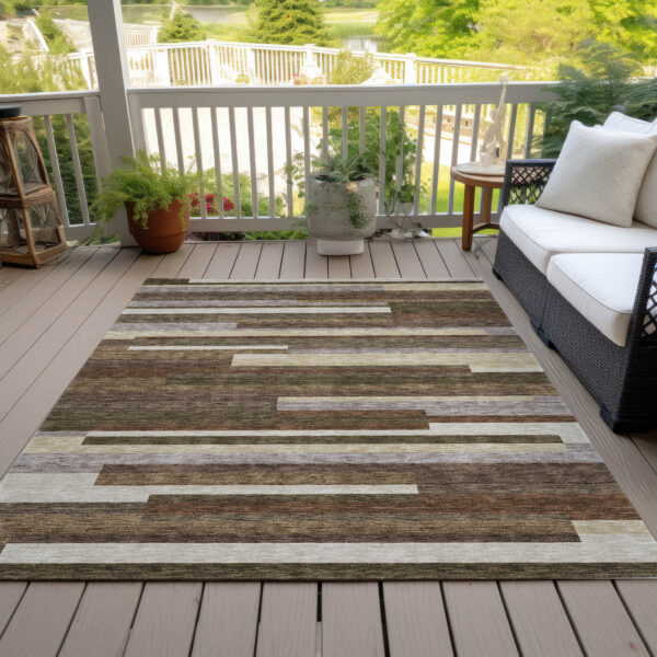 8' X 10' Brown Beige And Copper Striped Washable Indoor Outdoor Area Rug
