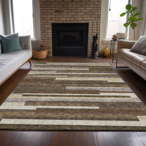 8' X 10' Brown Beige And Copper Striped Washable Indoor Outdoor Area Rug