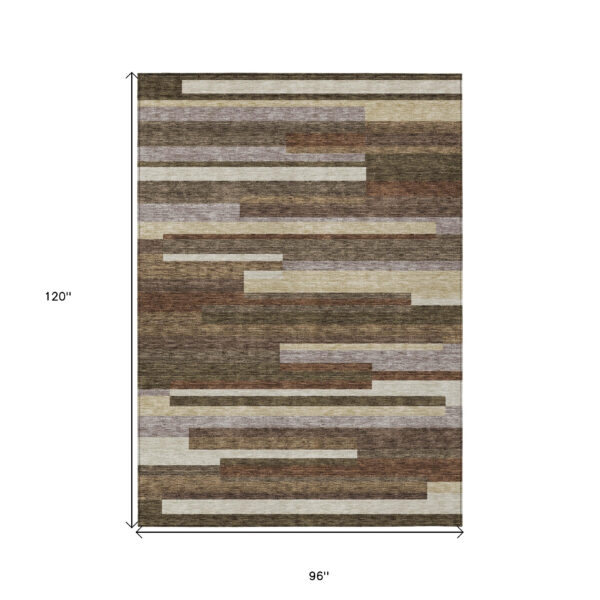 8' X 10' Brown Beige And Copper Striped Washable Indoor Outdoor Area Rug