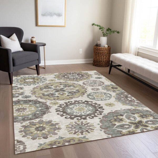9' X 12' Beige Taupe And Brown Floral Medallion Washable Indoor Outdoor Area Rug