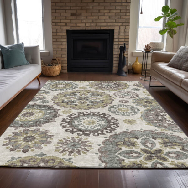9' X 12' Beige Taupe And Brown Floral Medallion Washable Indoor Outdoor Area Rug