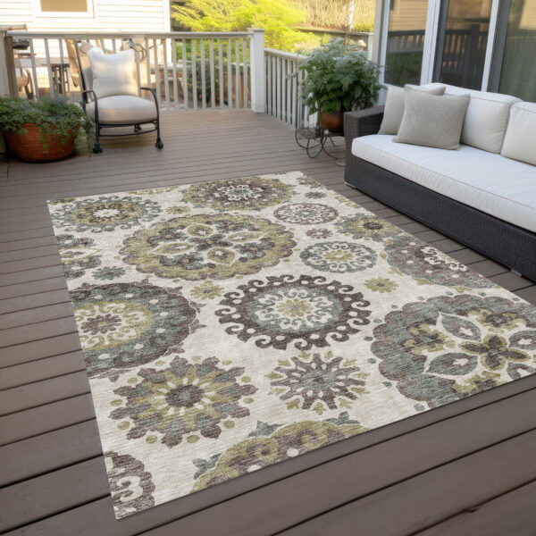 9' X 12' Beige Taupe And Brown Floral Medallion Washable Indoor Outdoor Area Rug