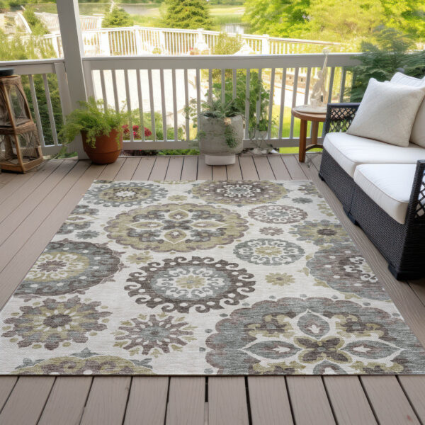 9' X 12' Beige Taupe And Brown Floral Medallion Washable Indoor Outdoor Area Rug