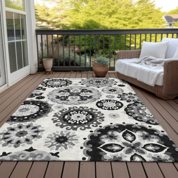 8' X 10' Black Gray And Silver Floral Medallion Washable Indoor Outdoor Area Rug
