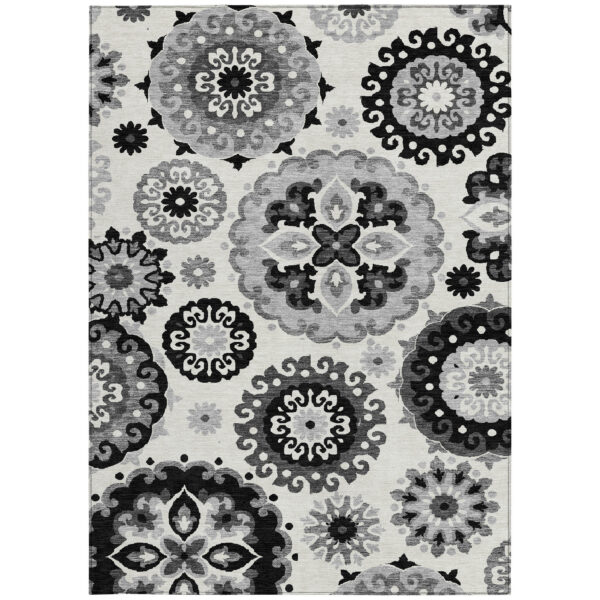 8' X 10' Black Gray And Silver Floral Medallion Washable Indoor Outdoor Area Rug