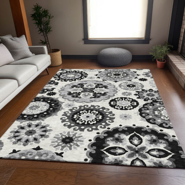 8' X 10' Black Gray And Silver Floral Medallion Washable Indoor Outdoor Area Rug