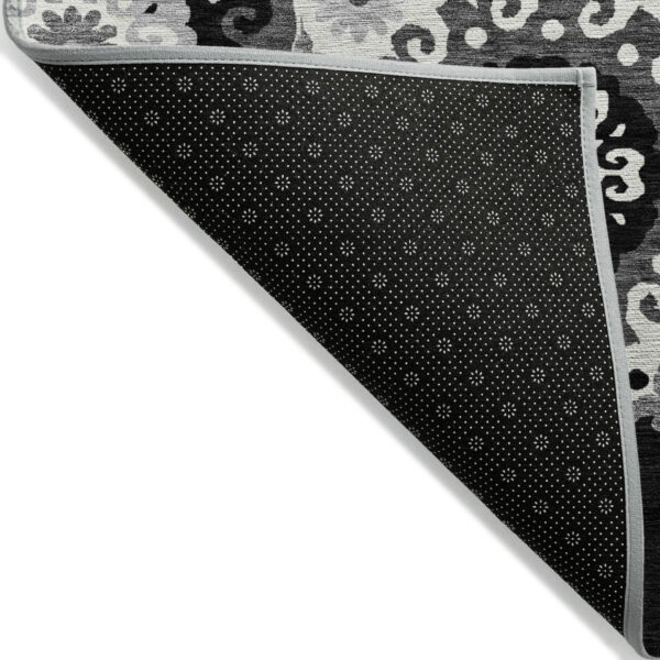 8' X 10' Black Gray And Silver Floral Medallion Washable Indoor Outdoor Area Rug
