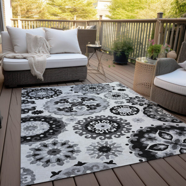 8' X 10' Black Gray And Silver Floral Medallion Washable Indoor Outdoor Area Rug