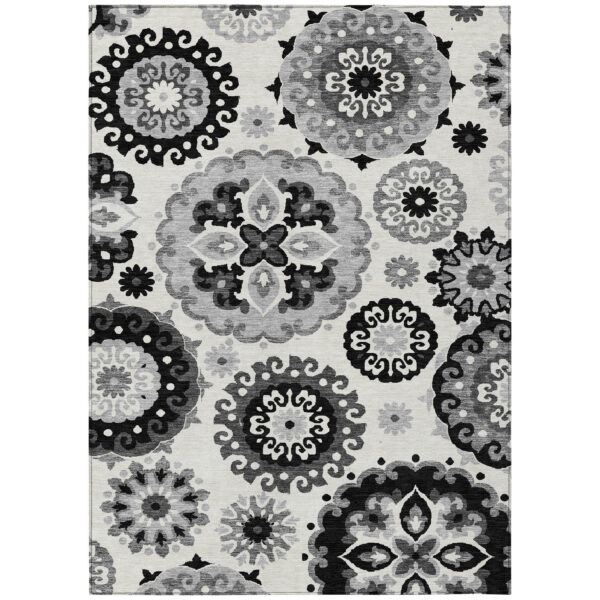 8' X 10' Black Gray And Silver Floral Medallion Washable Indoor Outdoor Area Rug