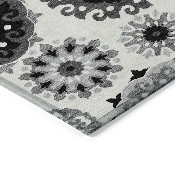 8' X 10' Black Gray And Silver Floral Medallion Washable Indoor Outdoor Area Rug