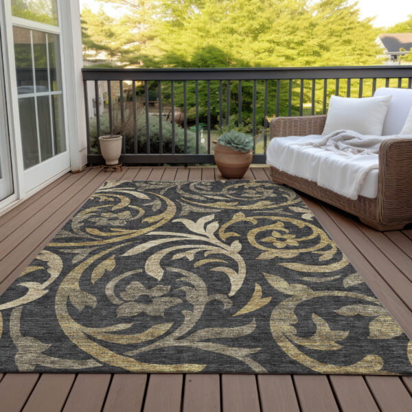 10' X 14' Black Taupe And Gold Floral Washable Indoor Outdoor Area Rug