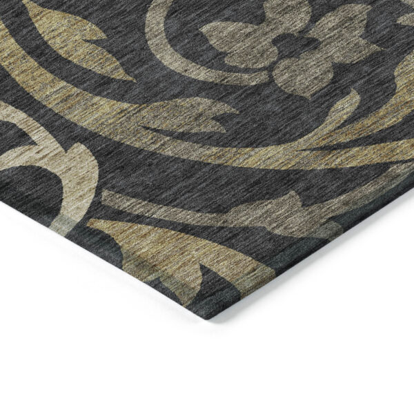 10' X 14' Black Taupe And Gold Floral Washable Indoor Outdoor Area Rug