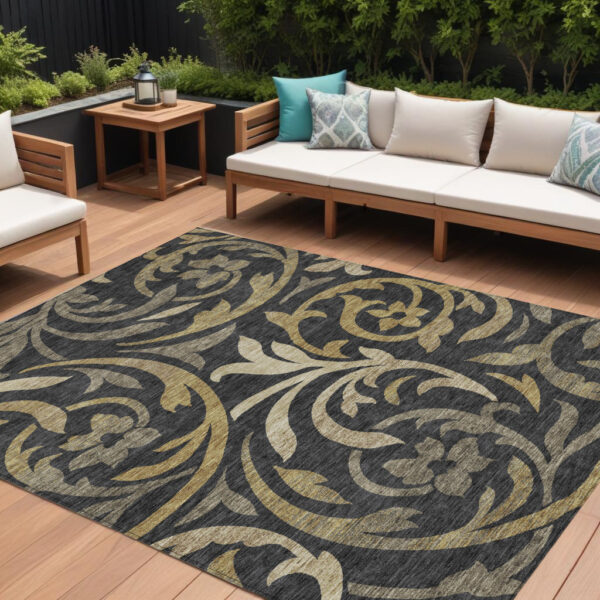 10' X 14' Black Taupe And Gold Floral Washable Indoor Outdoor Area Rug