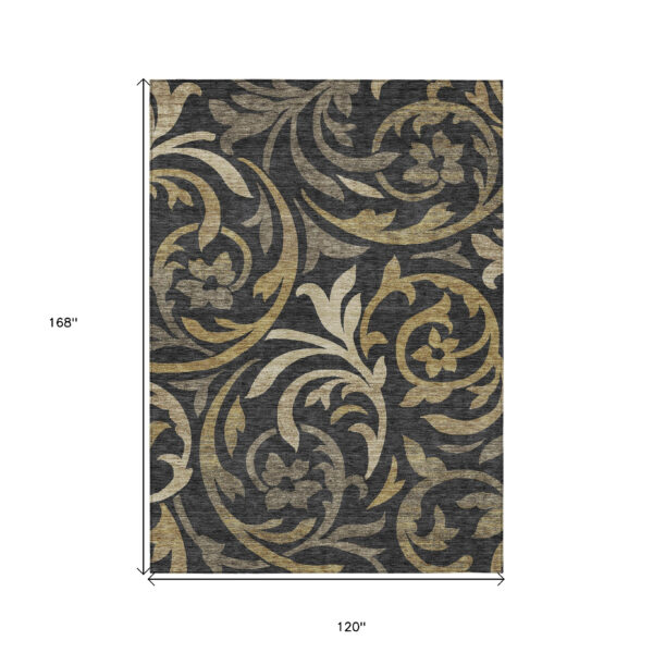 10' X 14' Black Taupe And Gold Floral Washable Indoor Outdoor Area Rug